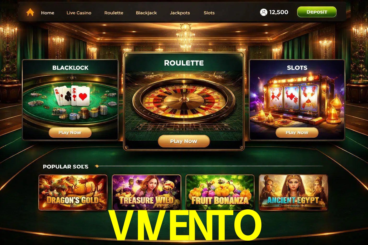 Vista de la plataforma VIVENTO Casino mostrando categorías organizadas de juegos en línea