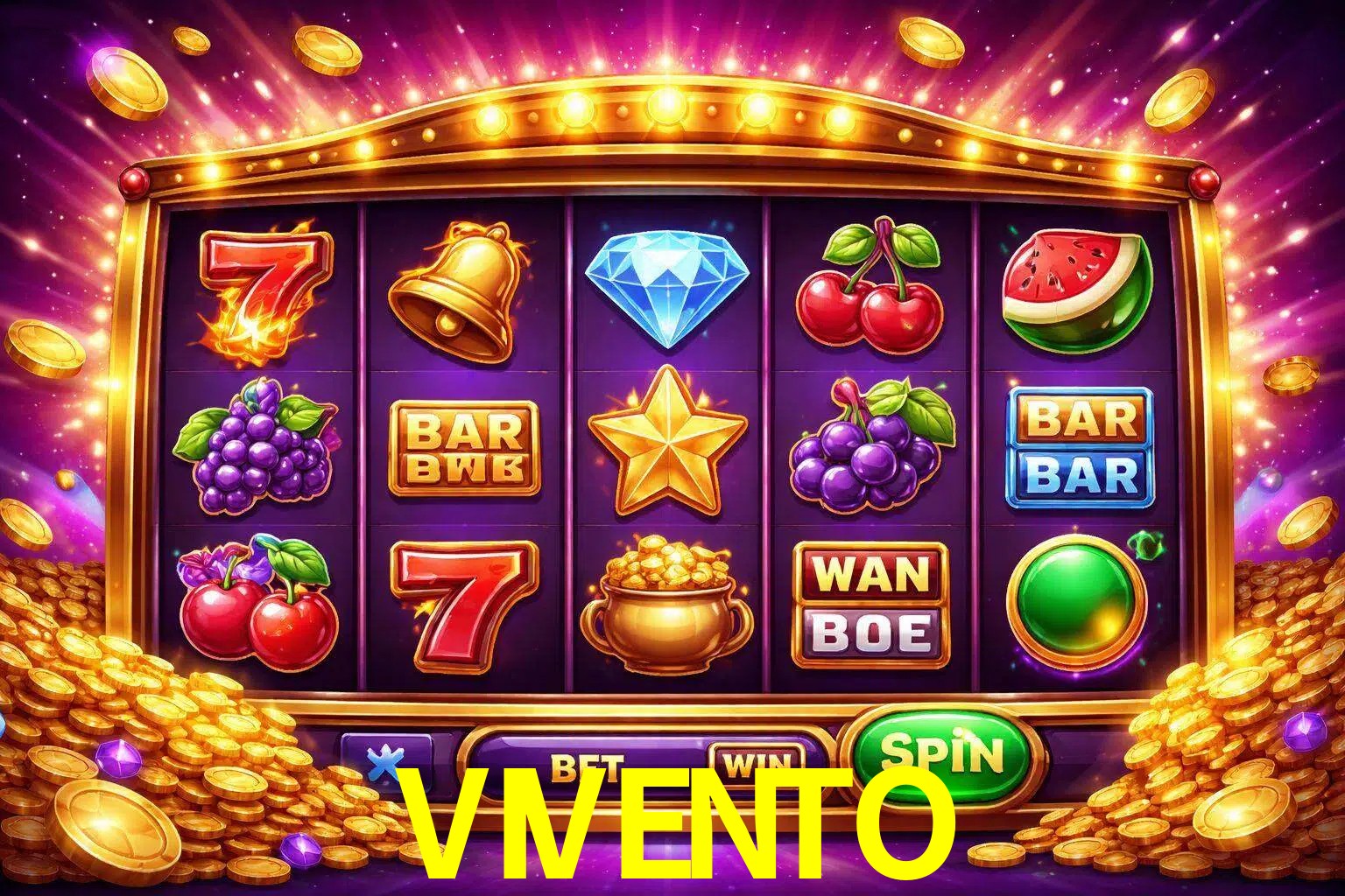 Una interfaz colorida de tragamonedas en línea con símbolos brillantes, monedas y un efecto de victoria celebratoria en VIVENTO.