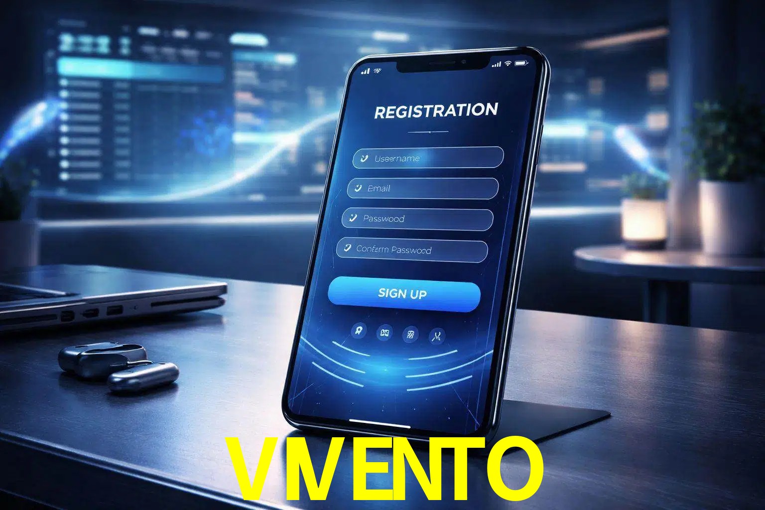 Una interfaz moderna de registro móvil para VIVENTO mostrada en un smartphone con un panel de apuestas elegante.